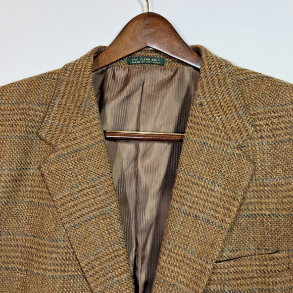 Tweed Plaid Blazer Brown and Blue 46 Two-Button Wool Academia Elbow Patches - Picture 8 of 14